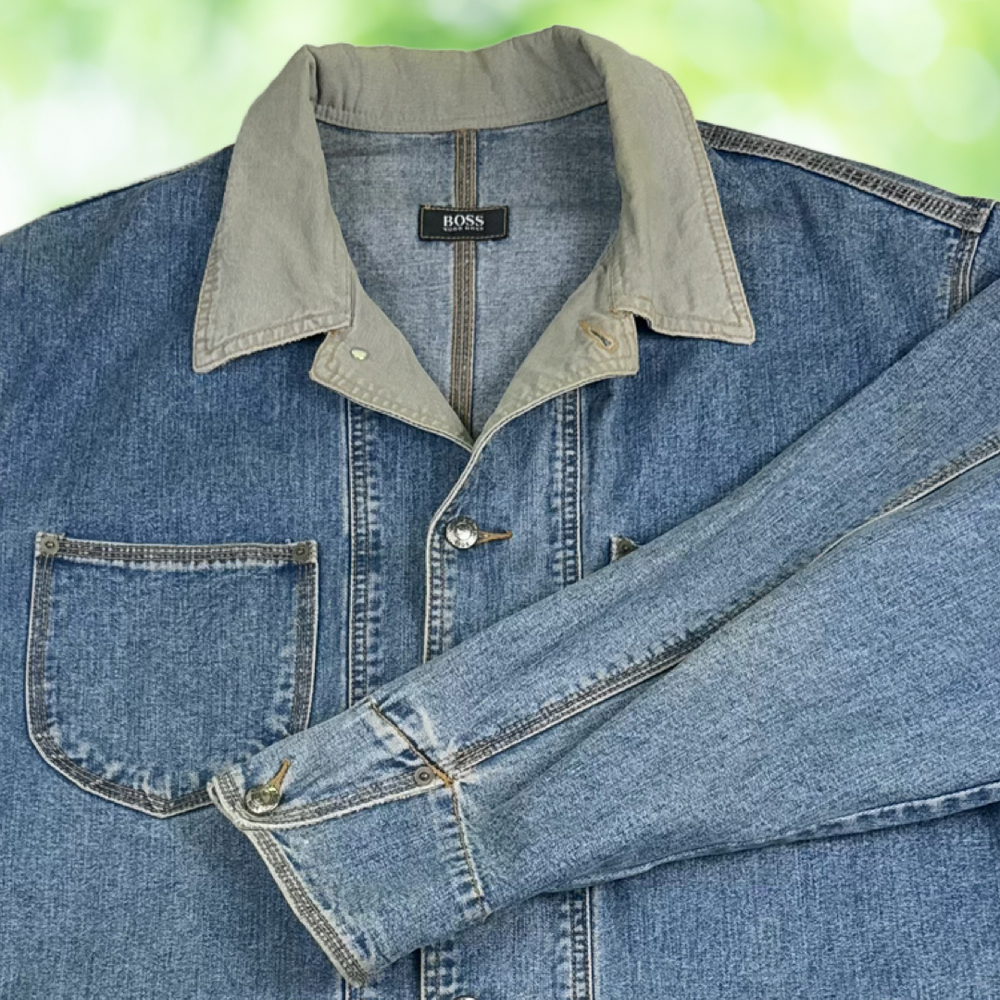 Vintage HUGO BOSS Denim Trucker Jacket Workwear Chore Coat 90s Mens Size L